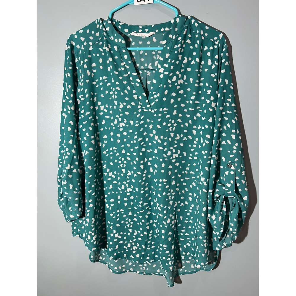 Lush Teal Green White Abstract Heart Print Roll Tab Sleeve Split Neck Blouse